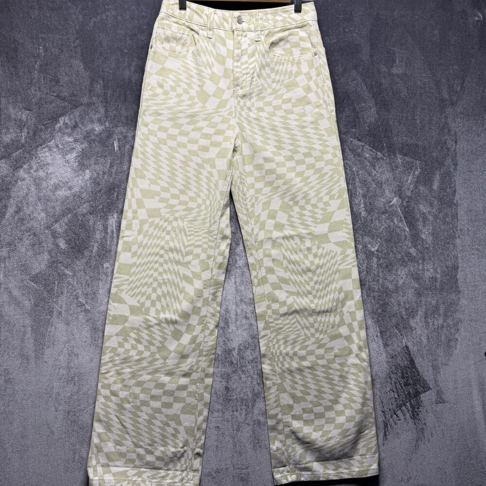 RSQ Jeans Womens 26 Green High Rise Straight Light Wash Denim 3D Checkered